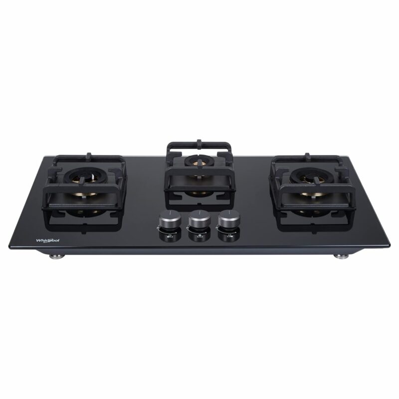 Whirlpool Hob 3 Fully Sealed Brass Burner Auto Ignition Glass Top - 2 Medium and 1 Small Burner Gas Stove (Smart Seal Hybrid Brass 753), Black