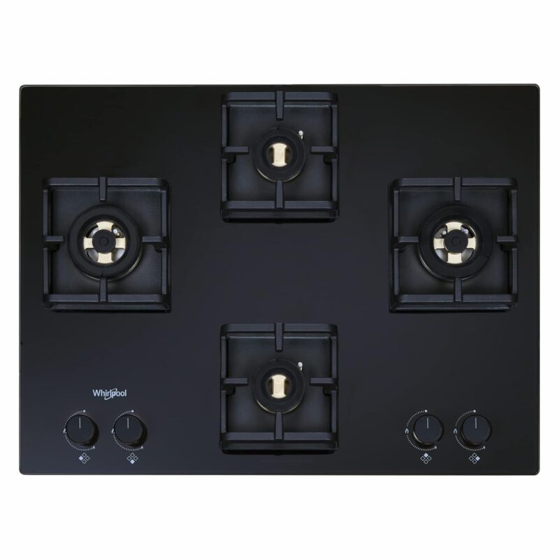 Whirlpool Hob 4 Fully Sealed Brass Burner Auto Ignition Glass Top - 2 Medium and 2 Small Burner Gas Stove (Smart Seal Hybrid Brass 704), Black