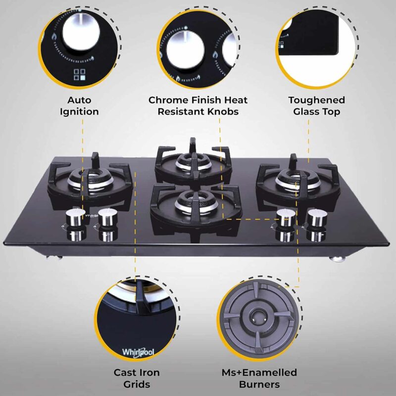 Whirlpool Hob 4 Burner Crystal Glass Auto Ignition Gas Stove (Elite Hybrid 704 MT Gas Hob), Black - Image 2