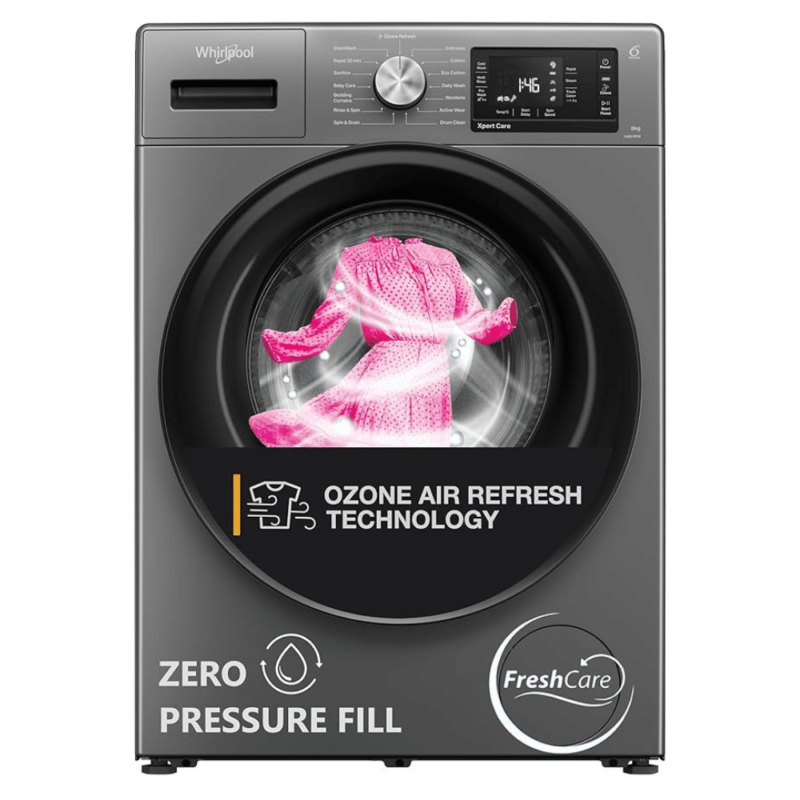 Whirlpool 8 Kg Ozone Technology Inverter Fully Automatic Front Load Washing Machine with In-Built Heater (XO8014BYS, Midnight Grey)